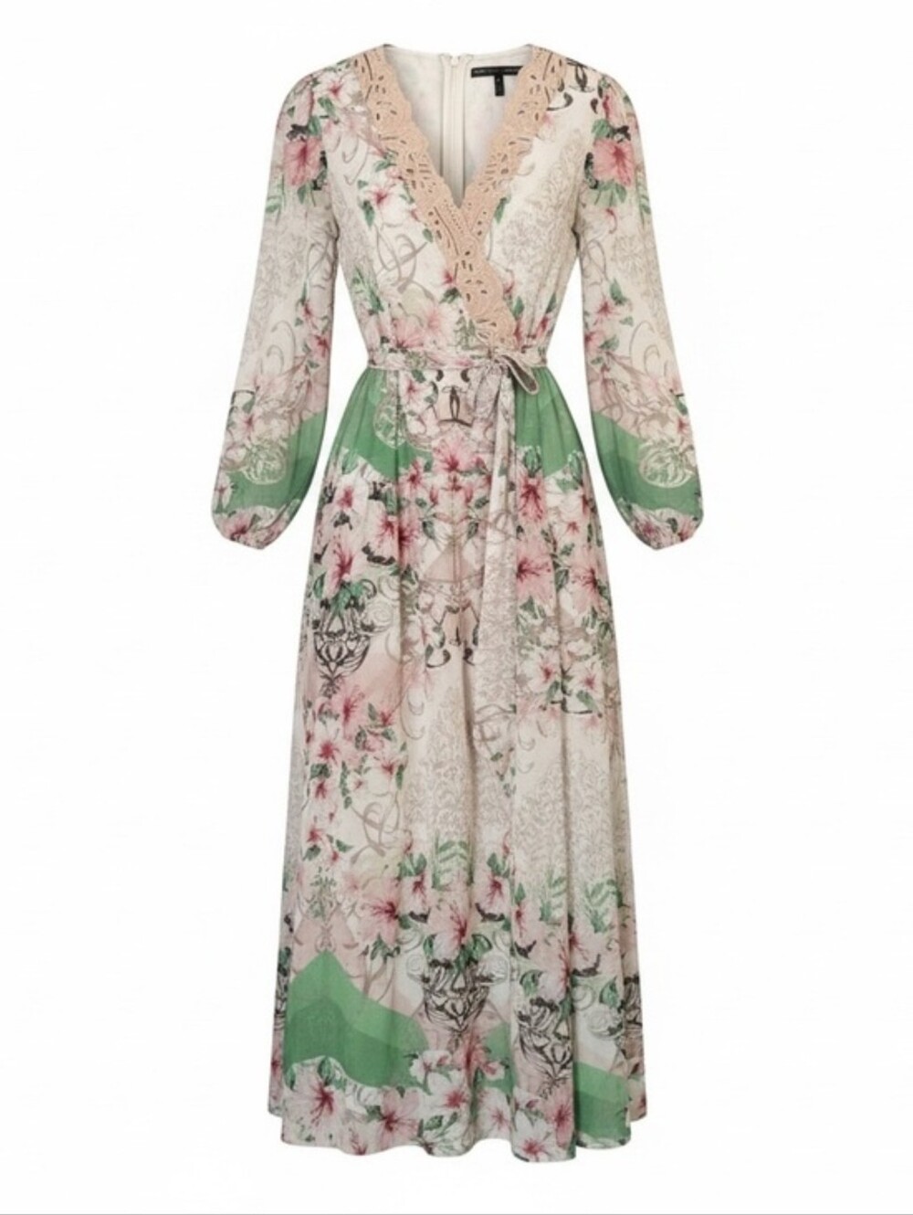 White House Black Market Floral V-Neck Maxi Dress in Green and Cream